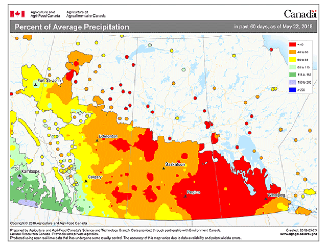 Large portions of the Canadian Prairies are struggling with well-below normal precipitation. (Environment Canada graphic)